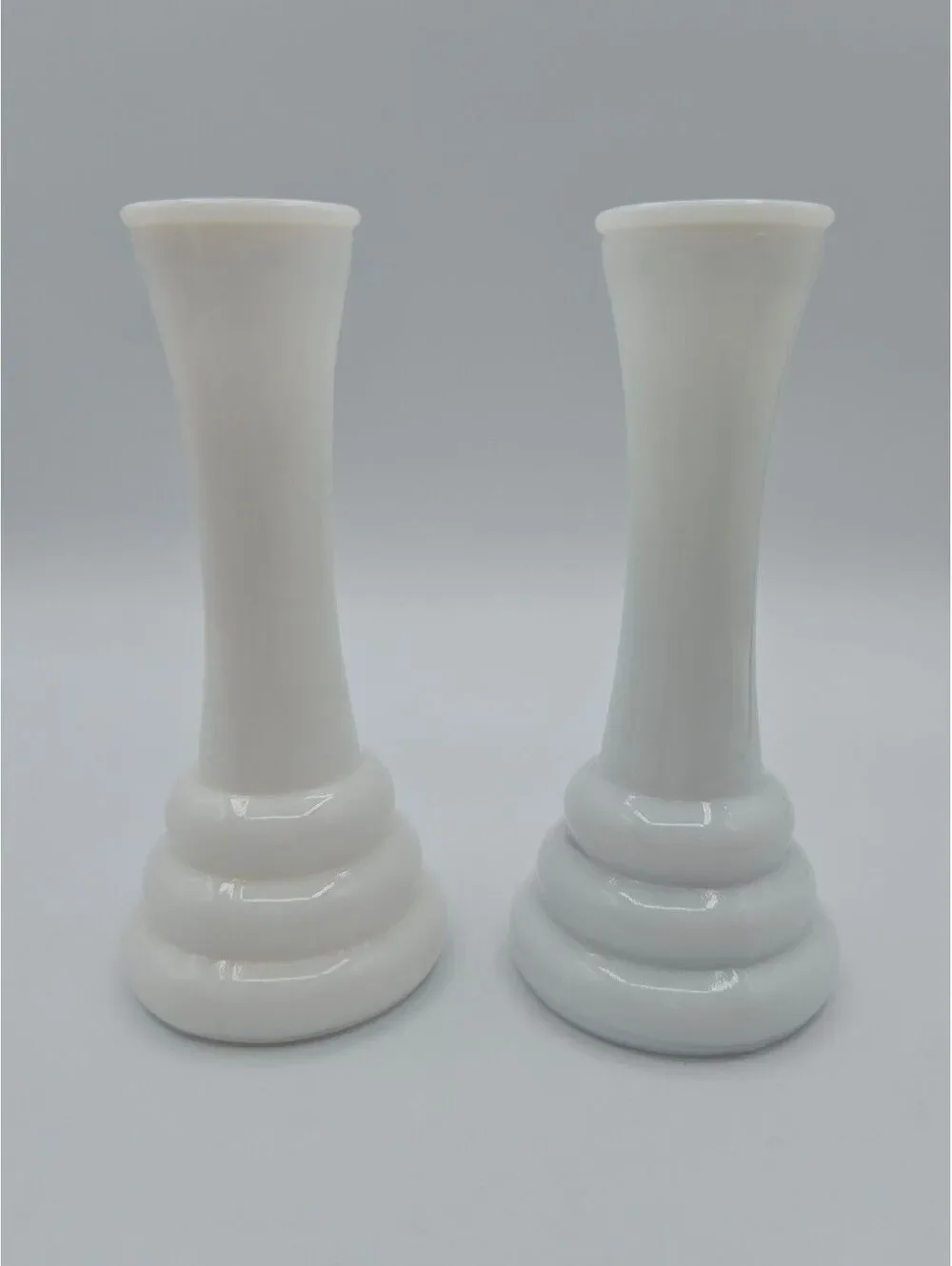 Vintage Randall Milk Glass Bud Vases Pair White Beehive MCM Cottage Tiered 6